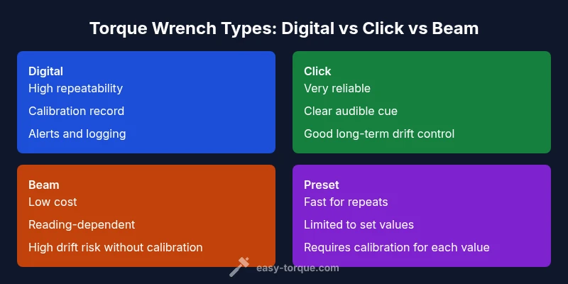 Comparison of torque wrench types: digital vs click vs beam vs preset